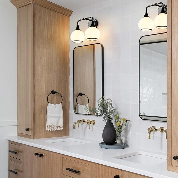 Black Bathroom Light Fixtures 2 Lights Vanity Lights with Milky White Frosted Glass Shade Bathroom Vanity Light 14 inch Wall Sconce Lighting Bath(Exclude E26 Bulb)