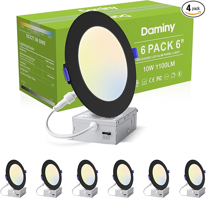 DAMINY 6 Pack 6 Inch Black LED Recessed Lighting with Junction Box,5CCT,Ultra-Thin Recessed Light,10W 1100lm, Dimmable Canless Wafer Ceiling Light,High Brightness - ETL