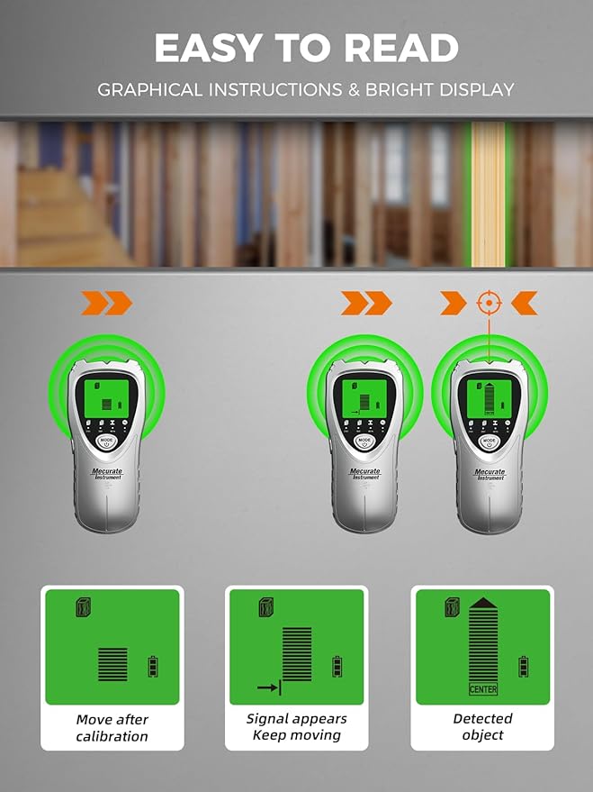 Mecurate Sliver Stud Finder Wall Scanner Sensor - 5 in 1 Electronic Stud with LCD Display & Audio Alarm for Wood AC Live Wire Metal