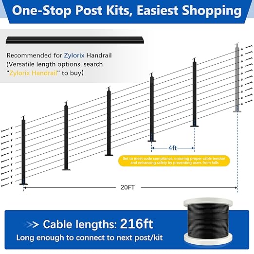 36" Expandable 16-20FT Black T304 Cable Railing Post Kit, Complete Cable Railing System with 5 Stair Posts, 216ft 1/8" Wire Rope(No Handrail), Adjustable Length Easy DIY for 25-35°Stairway