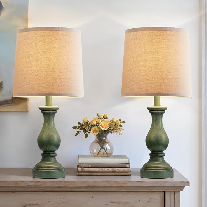 Seealle Farmhouse Table Lamps Set of 2 - Rustic Lamp for Bedroom Living Room, 22" Boho Bedside Lamps for Night Stands End Table Office Desk Lamp Nightstand with Linen Shades(Antique Green)