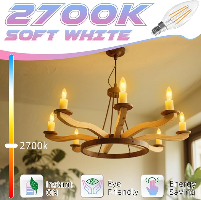 E12 Candelabra Bulb 2700K Soft White, 6W Equivalent to 60 watt, E12 LED Bulb Non-Dimmable, Chandelier Light Bulbs, B10 Candle Light Bulbs, 90+CRI, 600LM, Cear Glass, 12 Pack