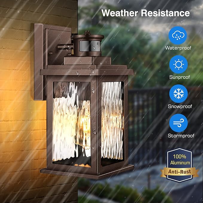 VIANIS Exterior Light Fixture with Motion Sensor, 2 Packs Oil Rubbed Bronze Dusk to Dawn Outdoor Porch Lights Wall Mount, Anti-Rust Aluminum Wall Lanterns with Tempered Glass for Garage Entrance