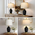 23" Set of 2 Black Ceramic Farmhouse Table Lamp with Ginger Jar Design, Bedside USB Lamps for Living Room,Dining Room,Bedroom,Office,Nightstand,End Table