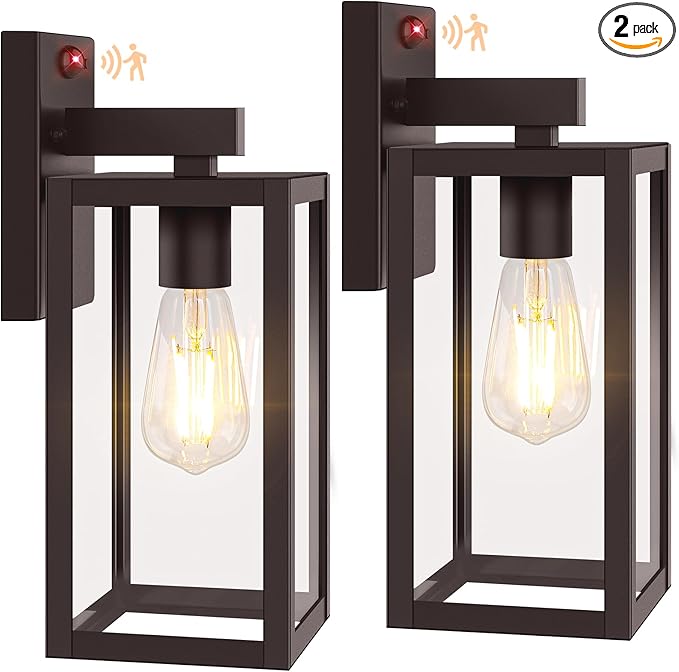 2-Pack Upgraded Motion Sensor Outdoor Wall Lights, 13” Dusk to Dawn Porch Lights Outdoor Wall Sconce Lanterns, 3 Lighting Modes Exterior Lighting Fixtures, Brown Outside Lights for House Patio Garage
