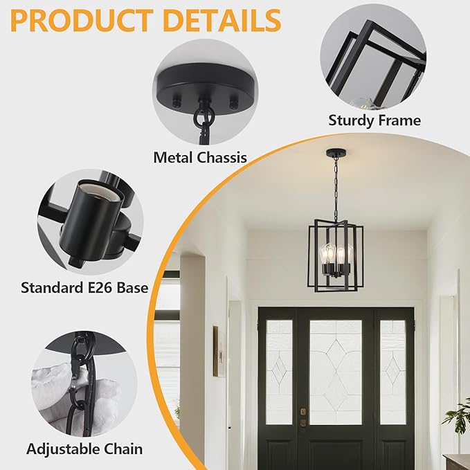 4 Light Modern Farmhouse Chandelier for Dining Room, Black Pendant Lights Fixtures for Kitchen Island, Foyer Lighting Fixtures High Ceiling for Entryway Hallway Living Room Bedroom