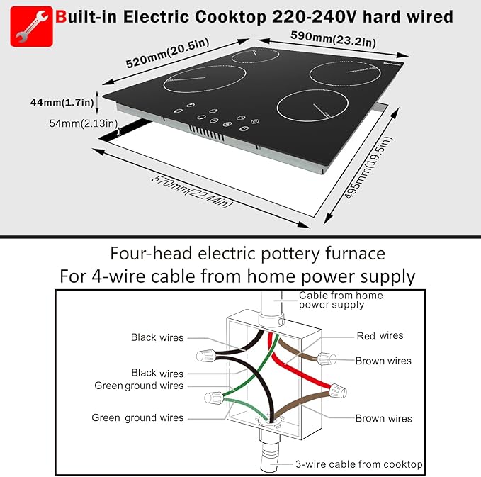Karinear Drop-in 4 Burner Electric Cooktop 24 Inch Radiant Cooktop, Electric Stove Top with Residual Heat Indicator, Child Safety Lock, Timer, 220-240V, 6000W, Hard Wire(No Plug)