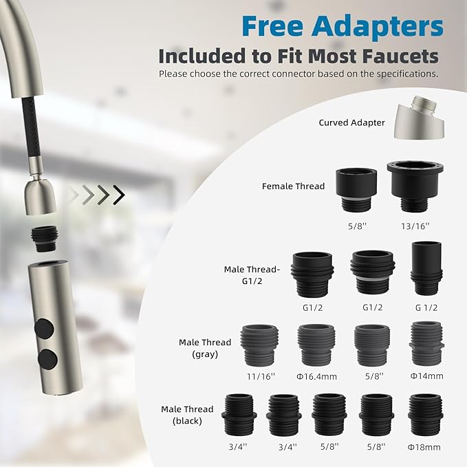 Hibbent Metal Pull Down Kitchen Faucet Head Replacement with 15 Adapters, Sink Spray Head, 2 Function Spray Nozzle Compatible with Moen, American Standard, Delta, Kohler Faucets, Brushed Nickel