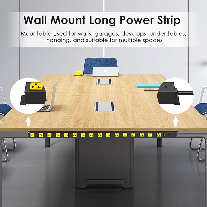 JUNNUJ Long Metal 16 Outlet Power Strip, Heavy Duty Power Strips Surge Protection 4800J with Circuit Breaker, 20a Wide Spaced Socket Wall Mount 5-15P Adapter High Amp 6-20R T-Slot 15FT Extension Cord