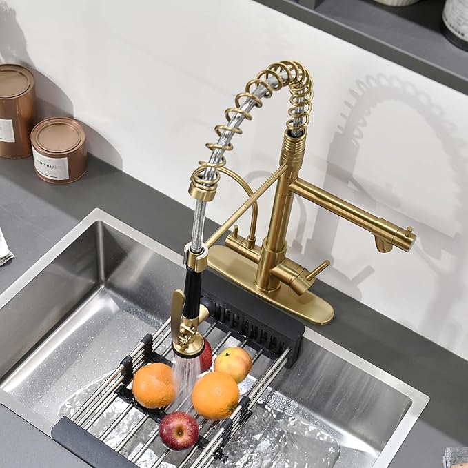 Fapully Brushed Gold Commercial Kitchen Faucet with Pull Down Sprayer and Water Filter,3 in 1 Kitchen Faucets with Drinking Water Faucet