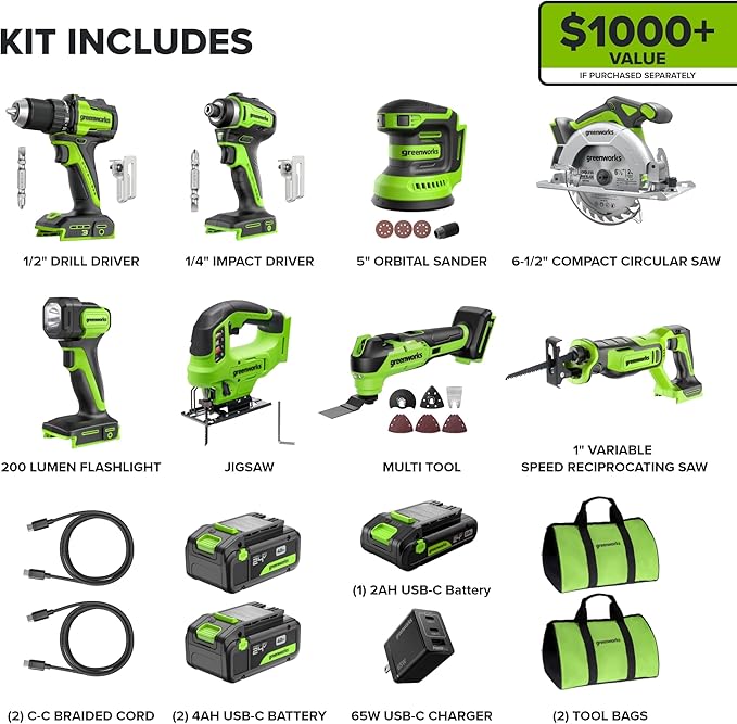 Greenworks 24V Cordless Brushless 8PCs Combo, Drill+Impact Driver+Circular Saw+Recip Saw+Jig Saw+Sander+Flashlight+Oscillating Tool (2) 2.0Ah+4.0Ah Batteries (24,000mAh Power Bank) 65W USB-C Charger