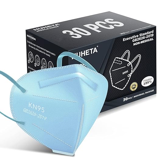 HUHETA KN95 Face Mask, 30 Pack Individually Wrapped, 5-Ply Breathable & Comfortable Safety Mask, Filter Efficiency=95%, Protective Cup Dust Masks Against PM2.5 (Blue Mask)