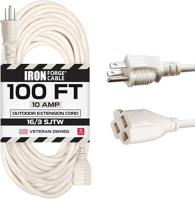 Iron Forge Cable Weatherproof 100 Ft Outdoor Extension Cord - 16/3 SJTW Heavy Duty Beige Extension Cord 3 Prong - 10 Amp Exterior Power Cable