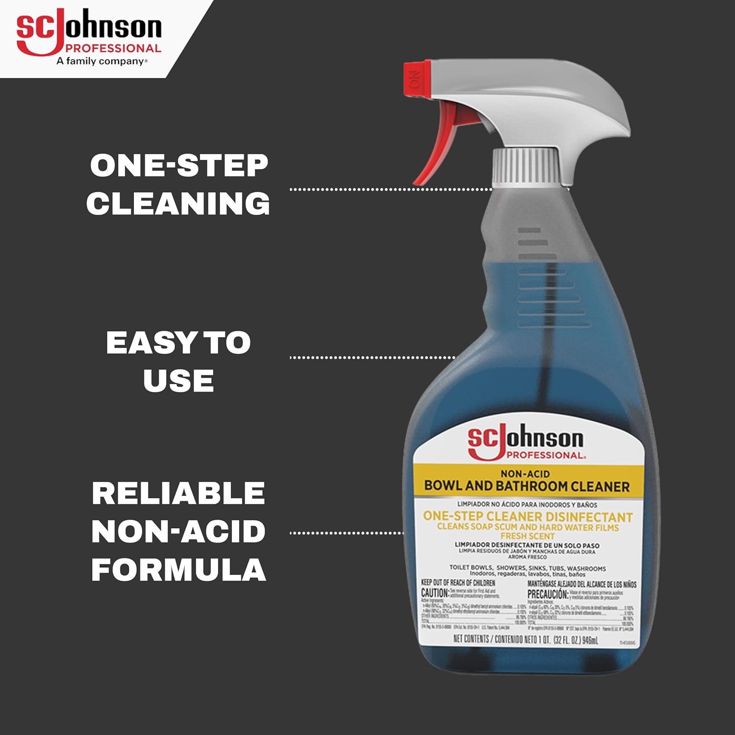 SC Johnson Professional Non-Acid Bowl and Bathroom Cleaner, Disinfectant Cleaner, Soap Scum Remover, 32 fl. oz., 12 Count, for Professional Use Only