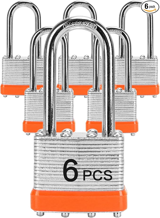 Padlocks with Same Key, LQYN 6 Pcs Laminated Keyed Padlock (1-9/16", 40mm), Keyed Alike Locks, Long Shackle, for Storage Locker, Hasp Latch, Toolbox, Sheds