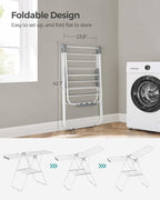 SONGMICS Clothes Drying Rack, with Sock Clips, Metal Laundry Rack, Foldable, Space-Saving, Free-Standing Airer, with 2 Height-Adjustable Gullwings, Indoor Outdoor Use, White and Gray ULLR052W02