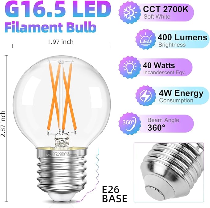 Dimmable G16.5 Light Bulb 2700K Warm White, 4W, 40 watt Equivalent, E26 LED Globe Bulb, Round Edison Bulbs for Ceiling Fan, Chandeliers, 90+CRI 400LM, 6 Pack
