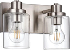 2 Light Vanity Light Fixtures - Brushed Nickel, Modern Design with Clear Glass Shade, Farmhouse Style Over Mirror Lighting
