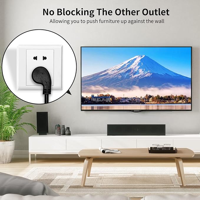 Miady Flat Plug Extension Cord 1 Ft, 90 Degree Plug Adapter, 3 Prong Grounded Wire Short Angle Power Cable Black ETL Listed (2-Pack, 13 Amp, 125 Volts, 1625 Watts)