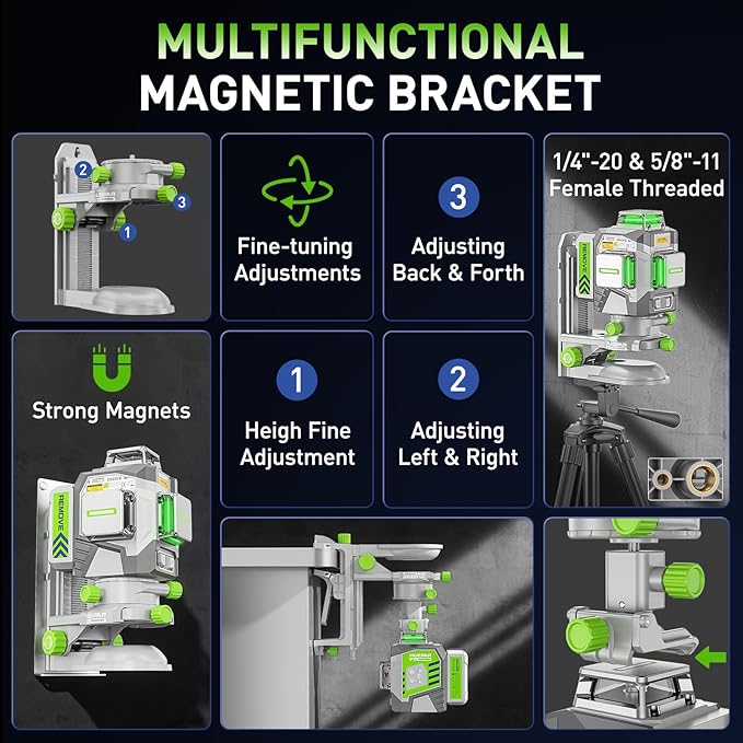 HueparPro Laser Level 3 x 360 Self Leveling Green Beam Laser Tool, High Accuracy Professional 3D Cross Line Laser with 8000mAh Rechargeable Li-ion Battery, Magnetic Bracket & Hard Carry Case ZK03CG