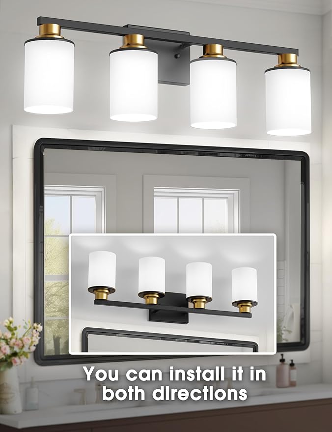 DORESshop 4-Light Black and Gold Bathroom Light Fixtures Over Mirror with Milk Glass Shade, Modern Vanity Lights, ETL Listed