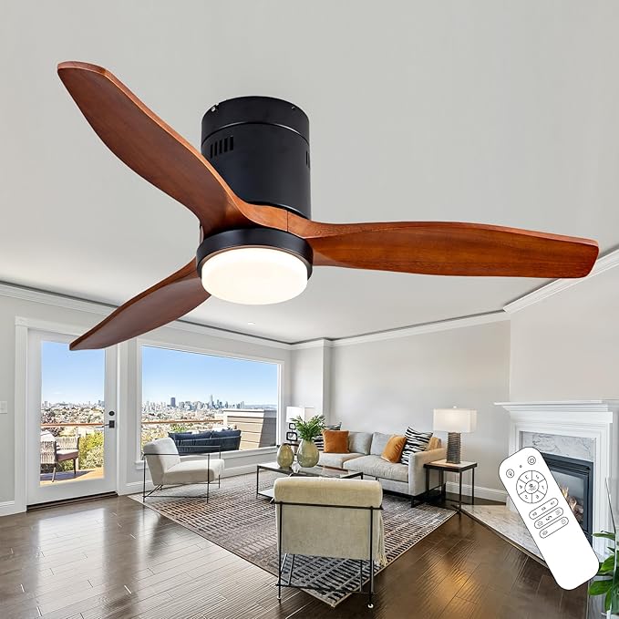 42 Inch Low Profile Ceiling Fans with Lights and Remote, Flush Mount Ceiling Fan with Lights, 3 Blades Solid Wood Dimmable Walnut Easy Installation for Living Room, Bedroom, Farmhouse, Indoor