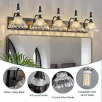 Vintage Bathroom Vanity Light, 5-Light Black Vanity Lighting Fixture with Flower Glass Shade, Bathroom Lighting Fixtures Over Mirror