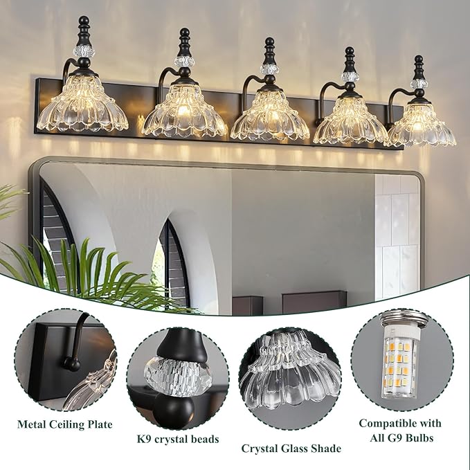 Vintage Bathroom Vanity Light, 5-Light Black Vanity Lighting Fixture with Flower Glass Shade, Bathroom Lighting Fixtures Over Mirror