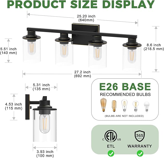 DORESshop 4-Light Vanity Light Fixtures, Black with Gold Trim Bathroom Light Fixtures Over Mirror with Clear Glass Shade, Modern Vanity Lights for Living Room Bedroom