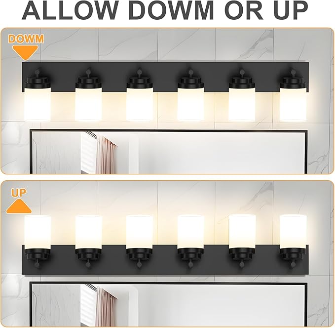 IZORRO Bathroom Vanity Light Fixture, 6-Light 43 Inch Matte Black Bathroom Light Fixtures Over Mirror, with White Glass Shade, Modern Farmhouse Vanity Lights, Rustic Restroom Lighting Fixtures