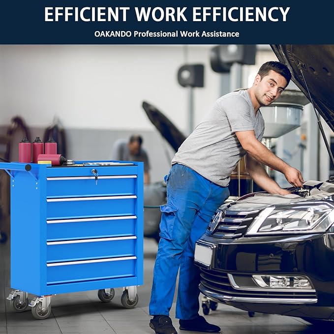 5-Drawer Metal Rolling Tool Chest with Wheels,Tool Storage Cabinet with Locking System，Toolbox with Wheels for Garage, Warehouse, Workshop, Repair Shop (Blue, 5Drawer)