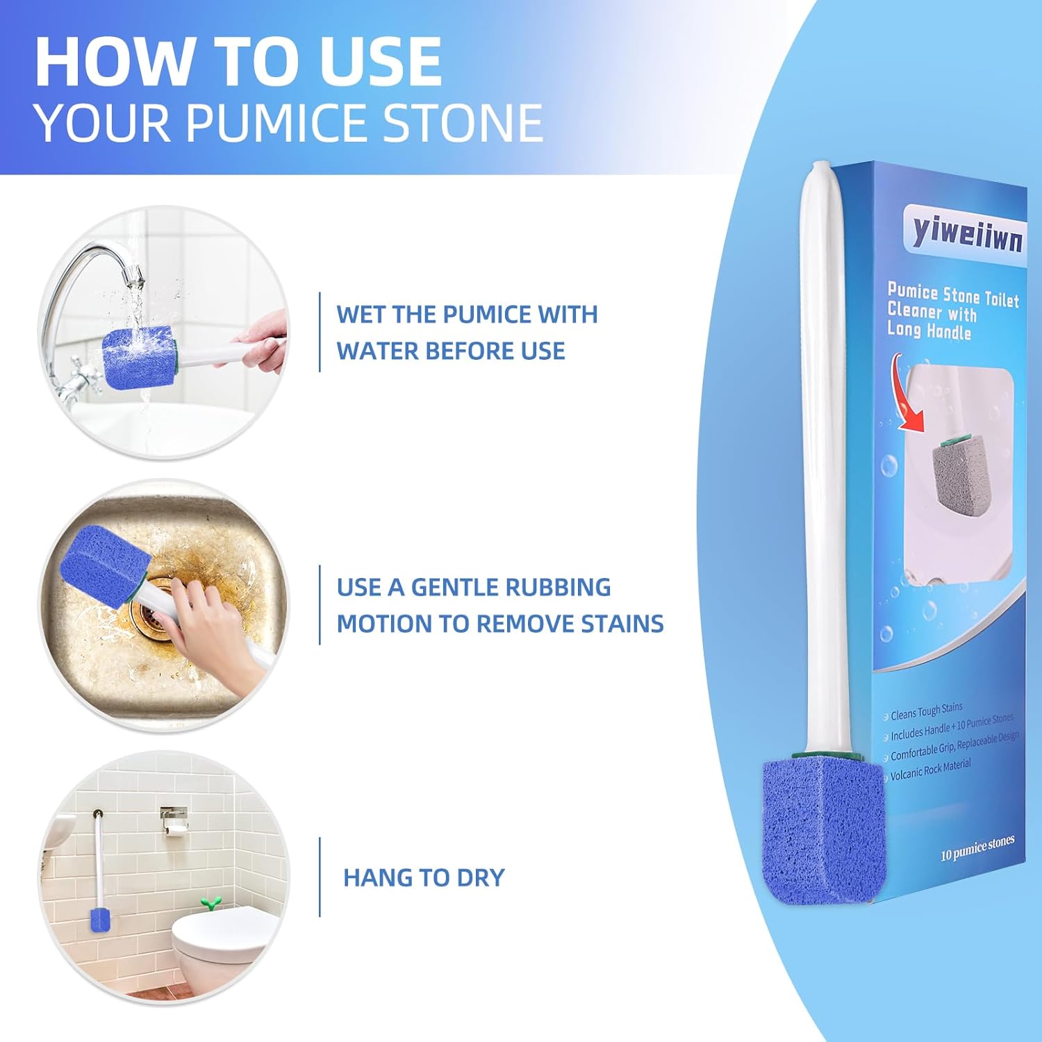 Pumice Stone Toilet Cleaner with Long Handle Pumice Stone Cleaner Rust and Grease Stain Clean Suitable for Toilet Bathroom Kitchen Sink BBQ 2 Handle and 10 Pumice Stones(Blue)
