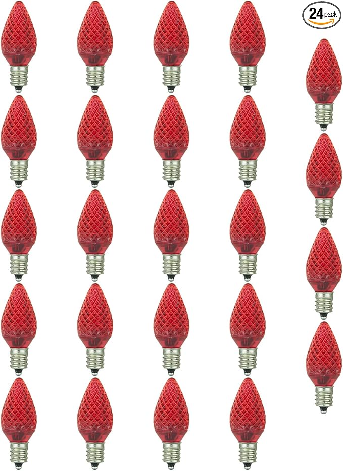 Sunlite 40460 LED C7 Holiday Decorative Light Bulb, 0.4 Watts, E12 Candelabra Base, Faceted Christmas-Lights; Nightlight, Red 24 Count