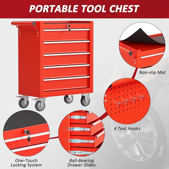 5 Drawers Rolling Tool Chest with Wheels, Portable Rolling Tool Boxes with Wheels, Tool Box Storage Cabinet with Locking System for Garage (RED, 5 Drawers)