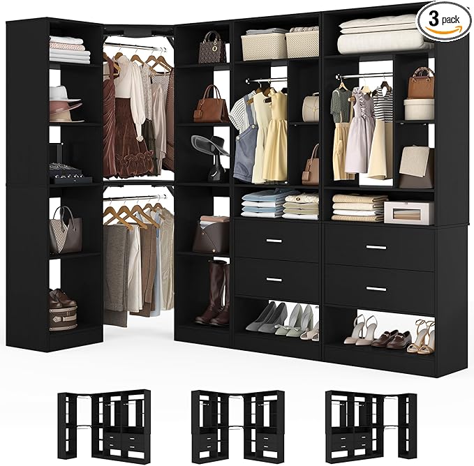 Large Corner Closet System with 3 Sets, 87.2" Closet Organizer System with 4 Drawers & 4 Hanging Rods, Reversible L Shaped Walk-in Closets, Load 2000+LBS, Black (87.2" L x 39.2" W x 80" H)