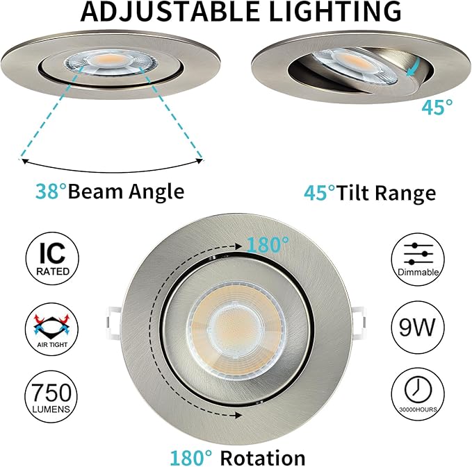 Brushed Nickel 4 Inch Recessed Lights 6 Pack,Ajustable Recessed Lights,spot Lights Indoor with Junction Box,5CCT Selectable,9W 750LM,Dimmable