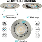 Brushed Nickel 4 Inch Recessed Lights 6 Pack,Ajustable Recessed Lights,spot Lights Indoor with Junction Box,5CCT Selectable,9W 750LM,Dimmable