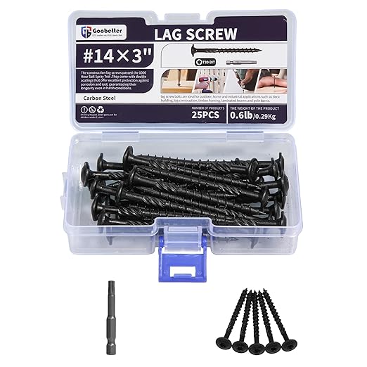 Lag Screws 3 Inch, 25PCS Heavy Duty Construction Screw,Structural Wood Screw #14 x 3, Rust Resistant, Washer Head, Black Coated Exterior Wood/Lag Screws, Star Drive with Bit