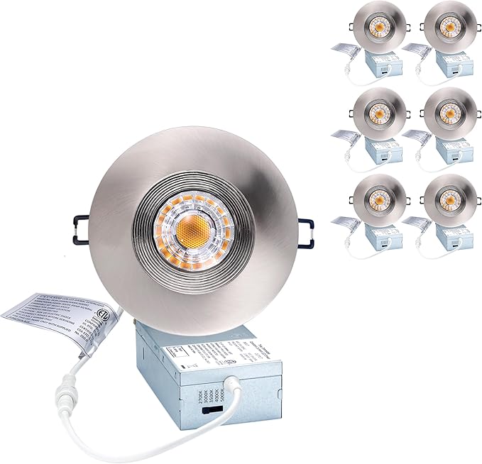 Premium Canless Recessed Gimbal Downlight Rotatable-Spotlight 5 CCT Eyeball Ceilling Potlight, Dimmable Lights Fixture with Junction Box, 8W CCT Adjustable (Brushed Nickel, 4 Inch)