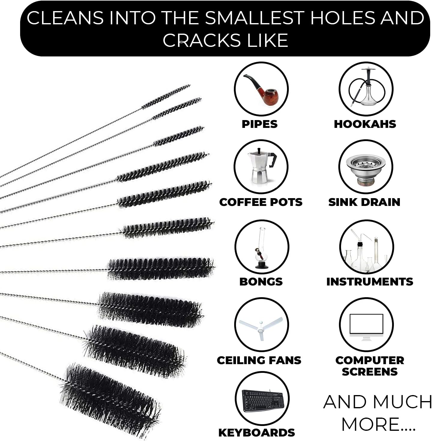 Flexible Drain Cleaning Brush (72" Long) for Drains, Bottles, Bathroom Sink, Bathtub, Shower, and Kitchen Sink, Heavy-Duty Double Ended Nylon with Elastic Hose, Bathroom Essentials, Black