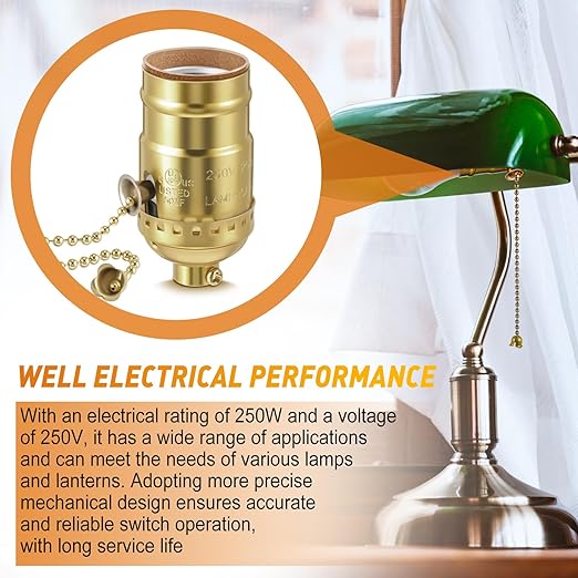 4 Pcs Pull Chain Lamp Socket Replacement, E26 Standard Threaded Base, Light Socket with Pull Chain, Lamp Parts for Repair (Gold)