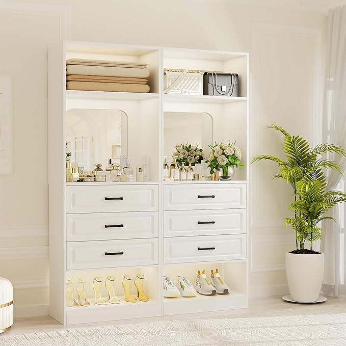 Unikito 50” Freestanding Closet System with 6 Drawers, 4FT Closet Organizer Wardrobe with Storage Shelves and Mirror, Sturdy Wood Walk-in Closet Systems for Bedroom, Max Load 1000 LBS, White