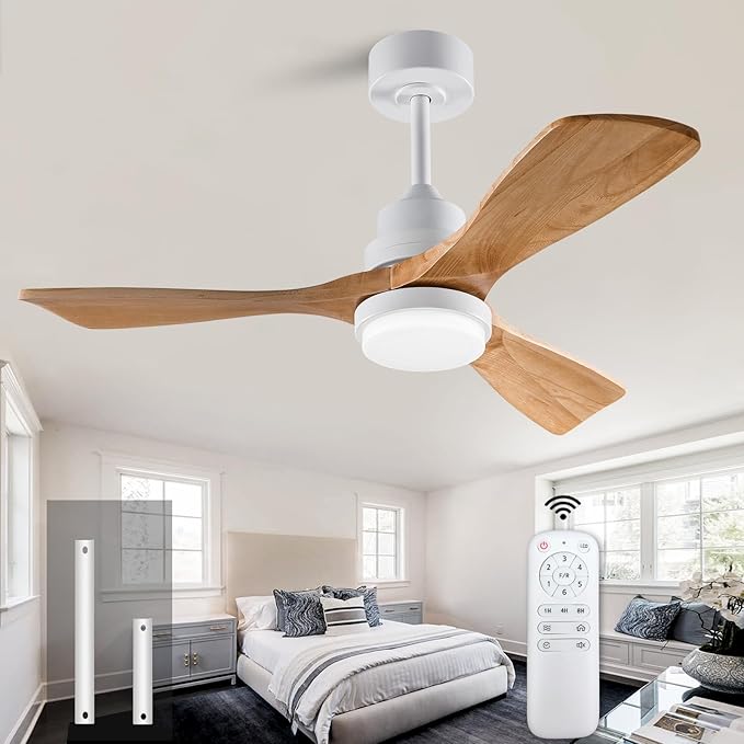 42 Inch Ceiling Fan with Light Remote Control, Wood Ceiling Fans with 3 Blade and Down Rod, 6 Speed DC Motor, Indoor Outdoor Ceiling Fan for Patio, Bedroom,Living Room, Office