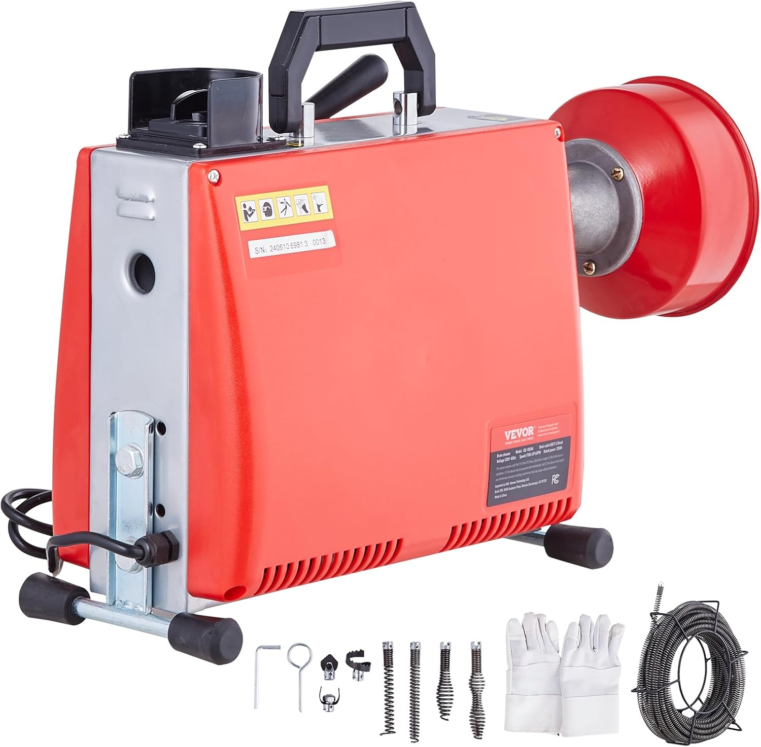 VEVOR 66FT x 5/8 Inch Drain Cleaner Machine, 250W Electric Sewer Snake Auger Manual Feed - with 7 Cutters, 2 Steel Cables (66' x 5/8" and 15' x 3/8")& CW/CCW Control for 1.6" to 4" Pipes