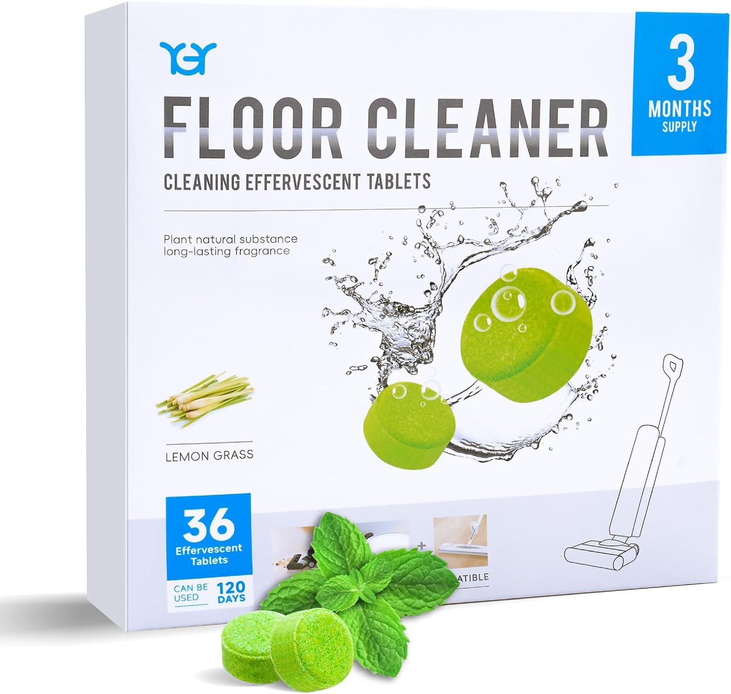 YGY Floor Cleaning Tablets, Compatiable with Tineco iFLOOR, Floor One S3/S5/S6/S7 Wet Dry Vacuum Mop—Deep Clean & Deodorize—Clean Machine,Individually Wrapped, Lemongrass Scent-36 Pack