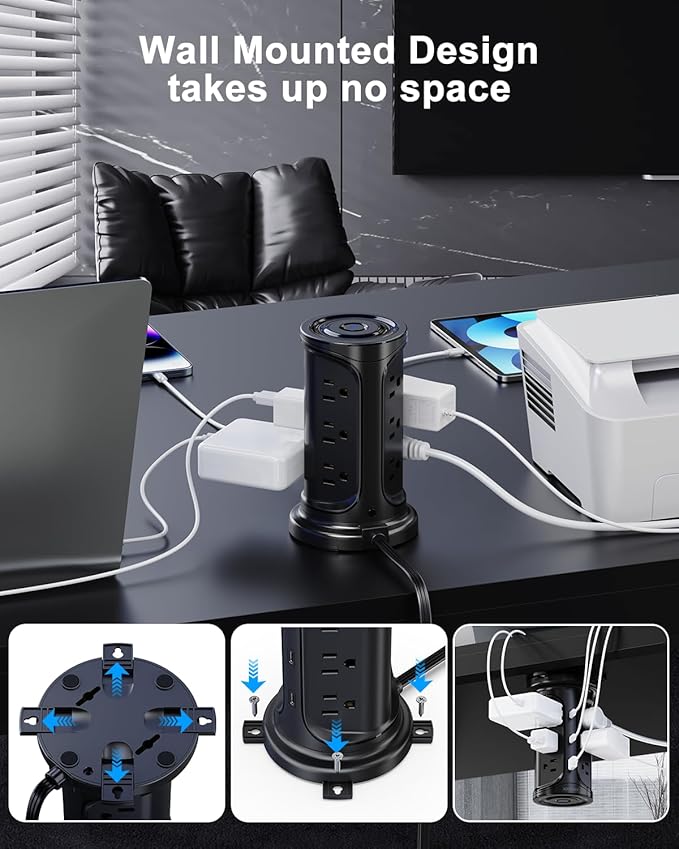 Tower Surge Protector Power Strip Flat Plug with 12 AC Outlets 3 USB Ports(2 Type C), 6.5 FT Ultra Flat Extension Cord with Multiple Outlets, Outlet Extender with Screw Wall Mount for Home Office Dorm