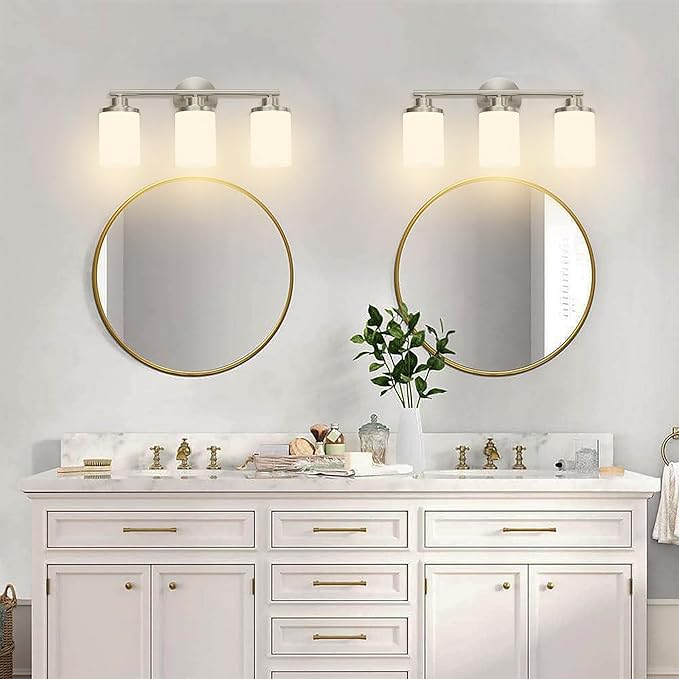 Brushed Nickel Bathroom Light Fixtures,3-Light Nickel Vanity Lights, Bathroom Lights Over Mirror,Modern Wall Sconces with Frosted Glass Shades for Bathroom,Living Room