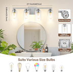 4-Light Bathroom Light Fixtures, 27" Modern Vanity Lights Over Mirror with Clear Glass Shades, Brushed Nickel Wall Sconce, Classic Wall Light Fixture for Mirror Living Room Cabinet Bedroom Porch