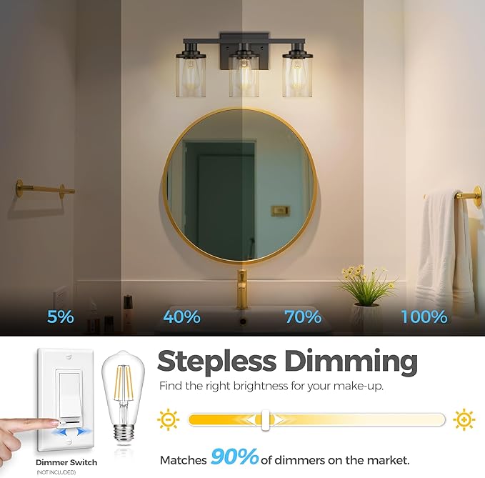 DORESshop 17 Inch Bathroom Light Fixtures, 3-Light Black Bathroom Lighting Fixtures Over Mirror with Glass Shade, Modern Vanity Lights for Hallway Bedroom, Includes Bulbs