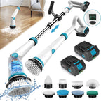 1500RPM Electric Spin Scrubber, 8 Brush Heads Electric Scrubber for Cleaning, Shower Scrubber with Long Handle and Two Battery, High Power Scrubber with Display for Bathroom/Tub/Floor